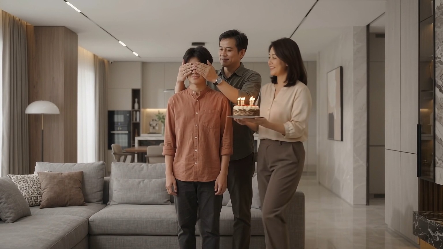 ภาพแนวคิดครอบครัวฉลองวันเกิดร่วมกันในบ้าน จากสื่อ AI ของ AXISLINE
